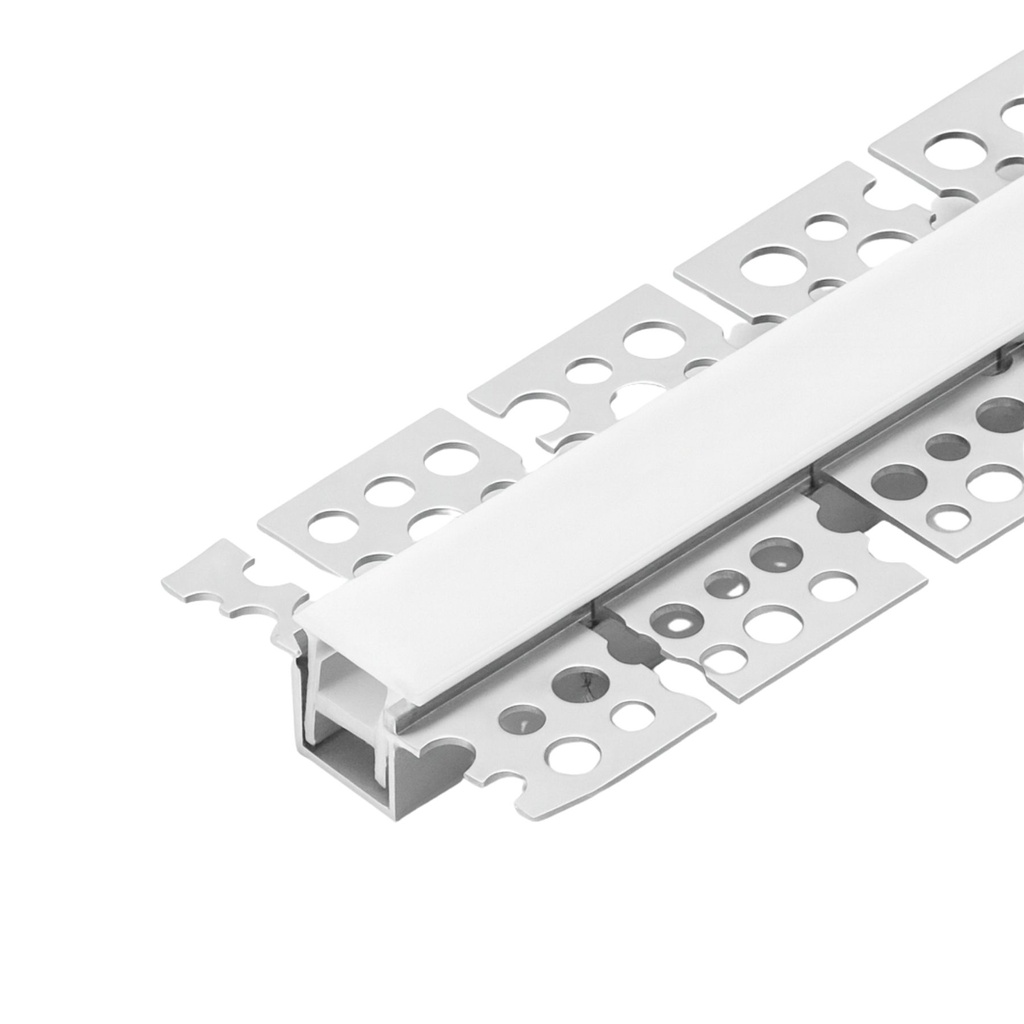 [SP5920] Kit Profilo Alluminio Completo Da 2 Metri Per Striscia Led, Da Incasso Cartongesso Curvabile Con Alette Scomparsa, Dimensione 54.2X12.3mm, Larghezza Interna 12mm, Copertura Opale, Tappi Chiusura e Clip Fissaggio Incluso