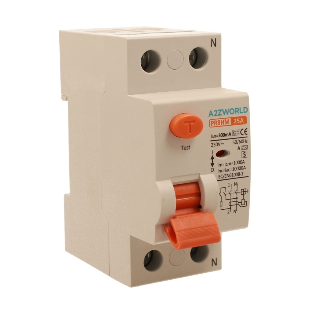 A2ZWORLD RCCB Interruttore Differenziale Selettivo Tipo S Classe A 1P+N 2M 10000A 300mA Ritardo 500ms AC 230V IP20 IEC61008-1 PR8HM, Corrente Disponibili 25A 40A 63A