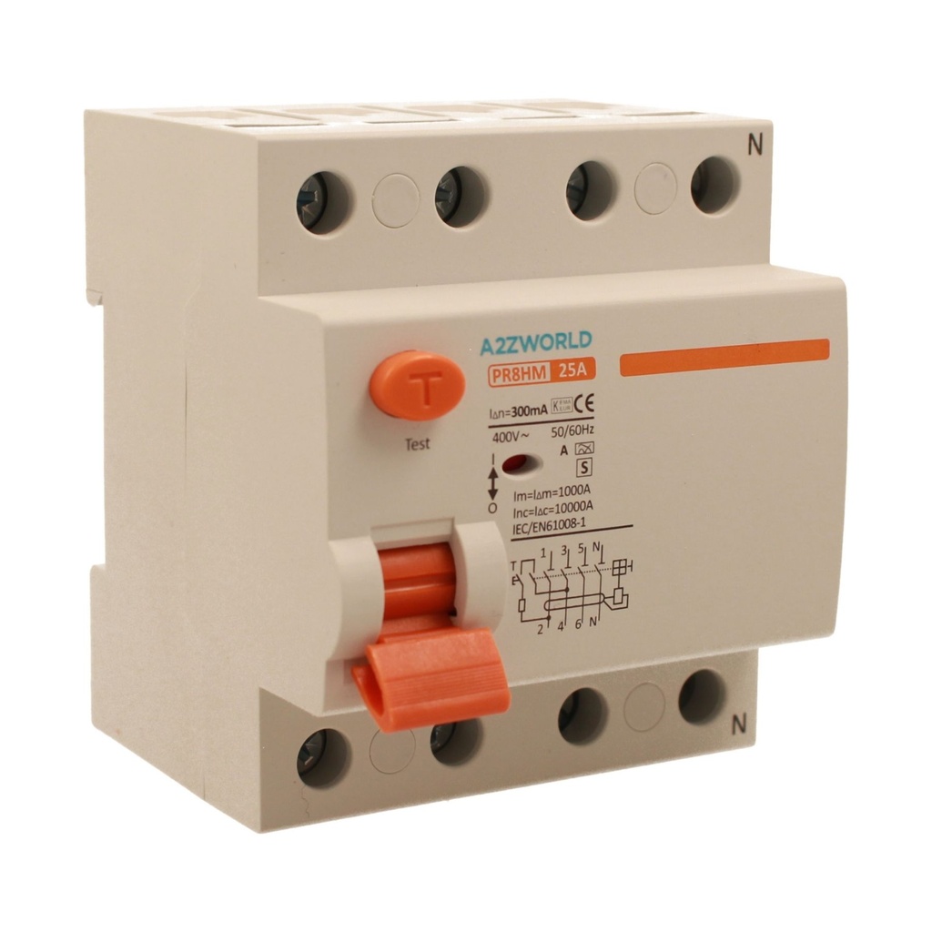 A2ZWORLD RCCB Interruttore Differenziale Selettivo Tipo S Classe A 3P+N 4M 10000A 300mA Ritardo 500ms AC 400V IP20 IEC61008-1 PR8HM, Corrente Disponibili 25A 40A 63A 