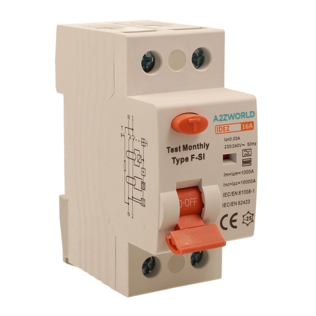 A2ZWORLD RCCB Interruttore Differenziale Puro Tipo F - SI 1P+N 2M 10000A 30mA Super Immunizzato AC 230V IP20 IEC61008-1, Corrente Disponibili 16A 25A 32A 40A 63A 