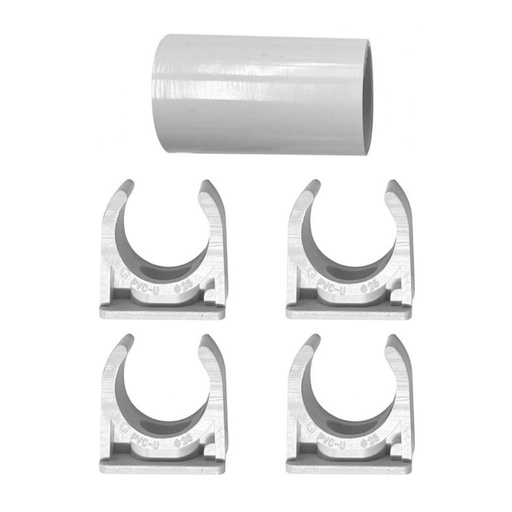 [FG060655] Kit 5 Accessori Per Tubo Rigido e Flessibile Da 25mm, 4 Clip Fissatubo A Scatto + 1 Giunto Raccordo Lineare, Colore Bianco IP40
