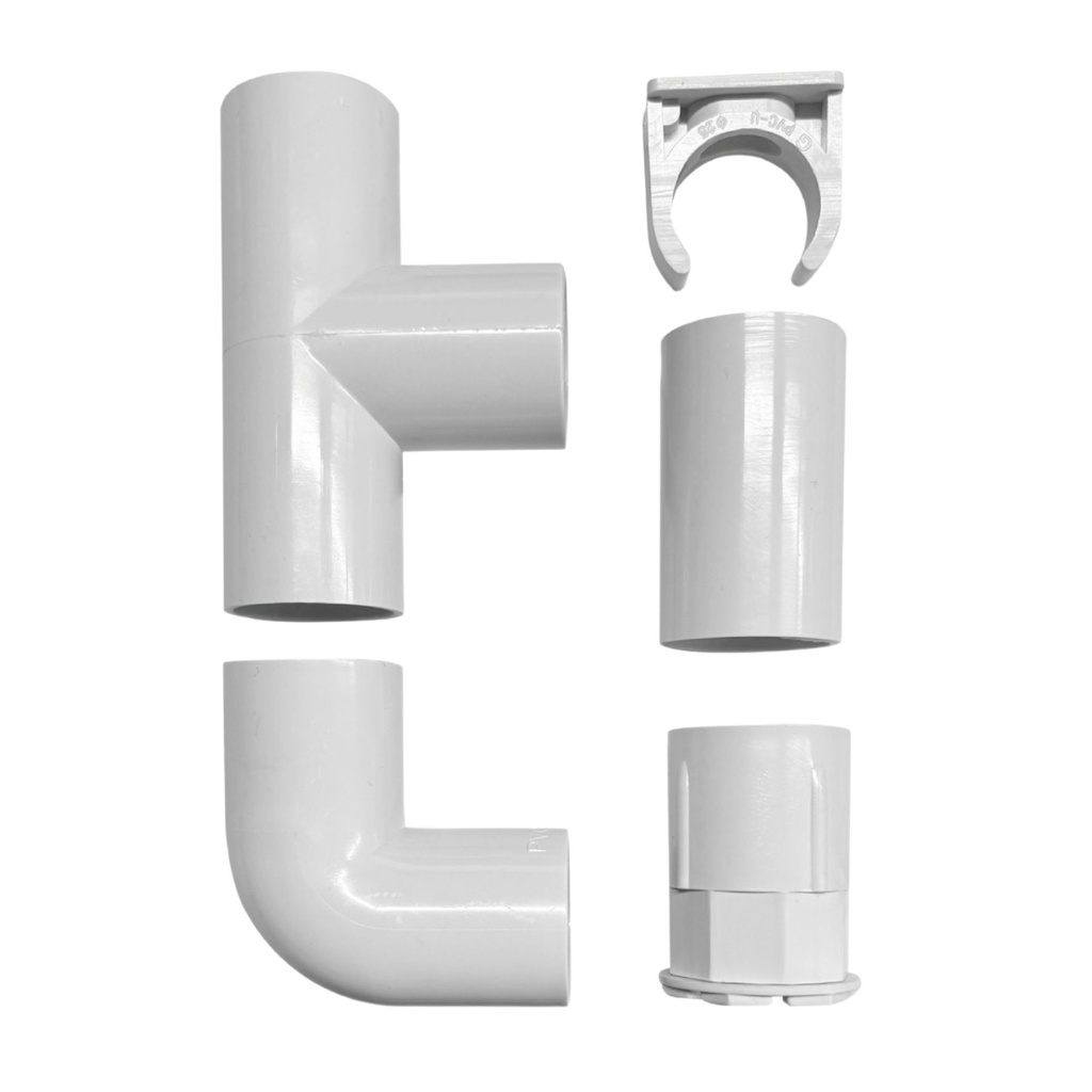 [FG060676] Kit 5 Accessori Per Tubo Rigido e Flessibile Da 16mm, Fissatubo A Scatto + Giunto Raccordo Lineare, Forma L, Forma T, Tubo-Scatola, Colore Bianco IP40