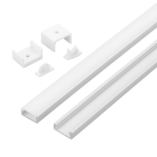 [SP2620W] Kit Profilo Alluminio Completo Da 2 Metri Per Striscia Led, Standard Colore Bianco, Dimensione 17.4X7mm, Larghezza Interna 12.4mm, 115g/m, Copertura Opale, Tappi Chiusura e Clip Fissaggio Incluso, BAV3365 BAZ1707W