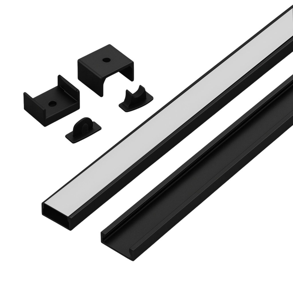 [SP2620B] Kit Profilo Alluminio Completo Da 2 Metri Per Striscia Led, Standard Colore Nero, Dimensione 17.4X7mm, Larghezza Interna 12.4mm, 115g/m, Copertura Opale, Tappi Chiusura e Clip Fissaggio Incluso,BAV2873 BAZ1707B