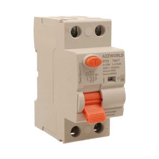 [GC92625] RCCB Interruttore Differenziale Puro Tipo F 1P+N 2M 6000A 300mA 25A AC 230V IP20 IEC61008-1 GYL9