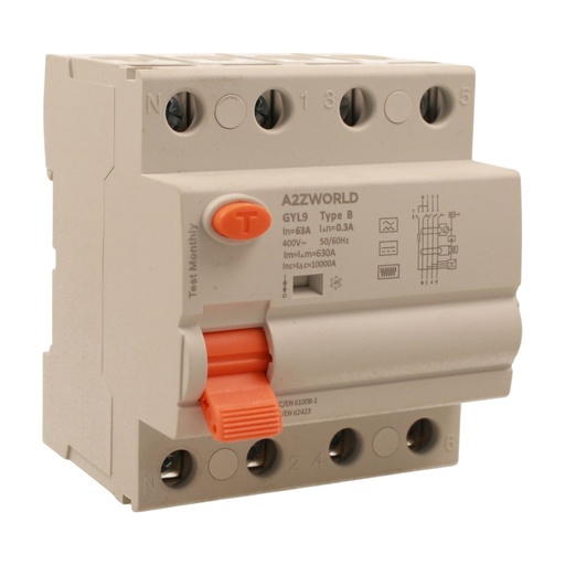[GC24663] RCCB Interruttore Differenziale Puro Tipo B 3P+N 4M 10000A 300mA 63A AC 400V IP20 IEC61008-1 / IEC62423 GYL9