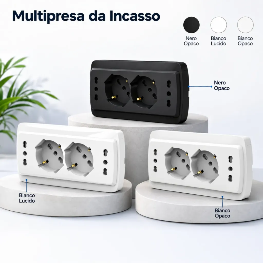 Multipresa Da Incasso Scatola 503, 2 Prese Schuko Universale P40 + 2 Prese Bipasso Italiano 10/16A, 140X80X23mm, Bianco Lucido, Bianco Opaco, Nero Opaco