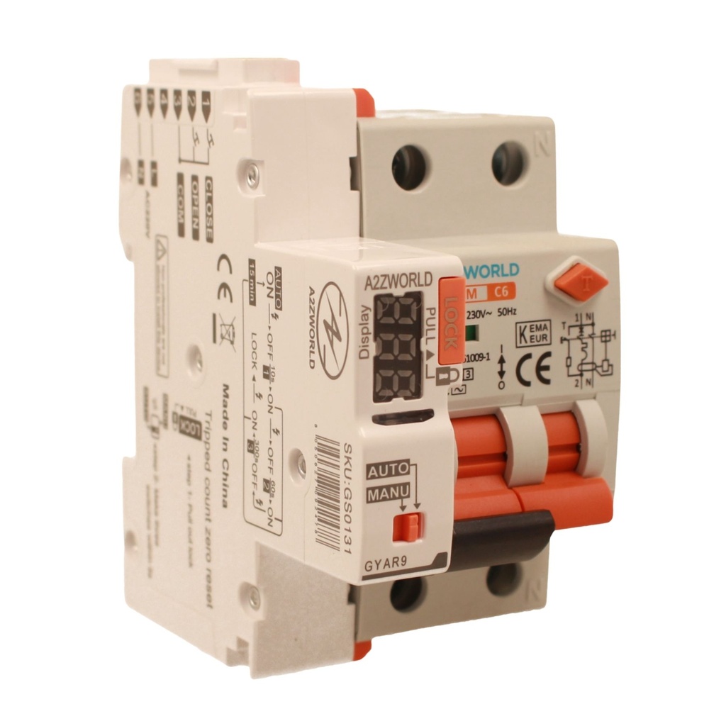 A2ZWORLD RCBO Interruttore Magnetotermico Differenziale Con Riarmo Automaico, Tipo AC Curva C 1P+N 3M 6000A 30mA AC 230V IP20 IEC61009-1 PL8HM, 3 Tentativi (10s/60s/300s), Corrente Disponibili 6A 10A 16A 20A 25A 32A