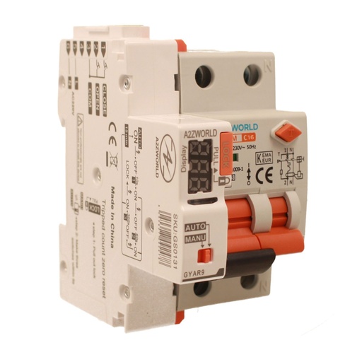 [GB55616RA] RCBO Interruttore Magnetotermico Differenziale Con Riarmo Automaico, Tipo AC Curva C 1P+N 3M 6000A 300mA C16A AC 230V IP20 IEC61009-1 PL8HM, 3 Tentativi (10s/60s/300s)