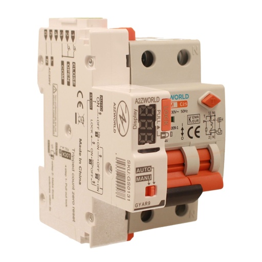 [GB65325RA] RCBO Interruttore Magnetotermico Differenziale Con Riarmo Automaico, Tipo A Curva C 1P+N 3M 6000A 30mA C25A AC 230V IP20 IEC61009-1 PL8HM, 3 Tentativi (10s/60s/300s)