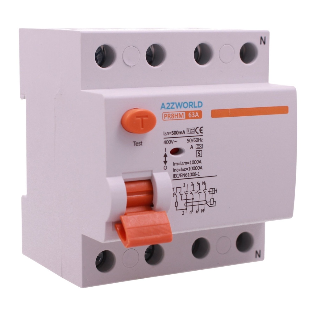 A2ZWORLD RCCB Interruttore Differenziale Selettivo Tipo S 0.5A Classe A 3P+N 4M 10000A 500mA Ritardo 500ms AC 400V IP20 IEC61008-1 PR8HM, Corrente Disponibili 40A 63A 100A