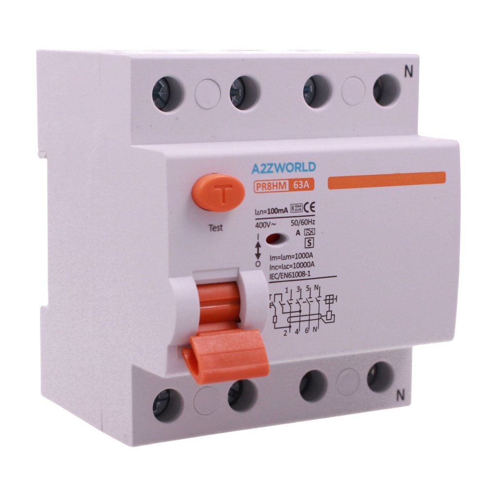 A2ZWORLD RCCB Interruttore Differenziale Selettivo Tipo S 100mA Classe A 3P+N 4M 10000A Ritardo 500ms AC 400V IP20 IEC61008-1 PR8HM, Corrente Disponibili 63A 100A