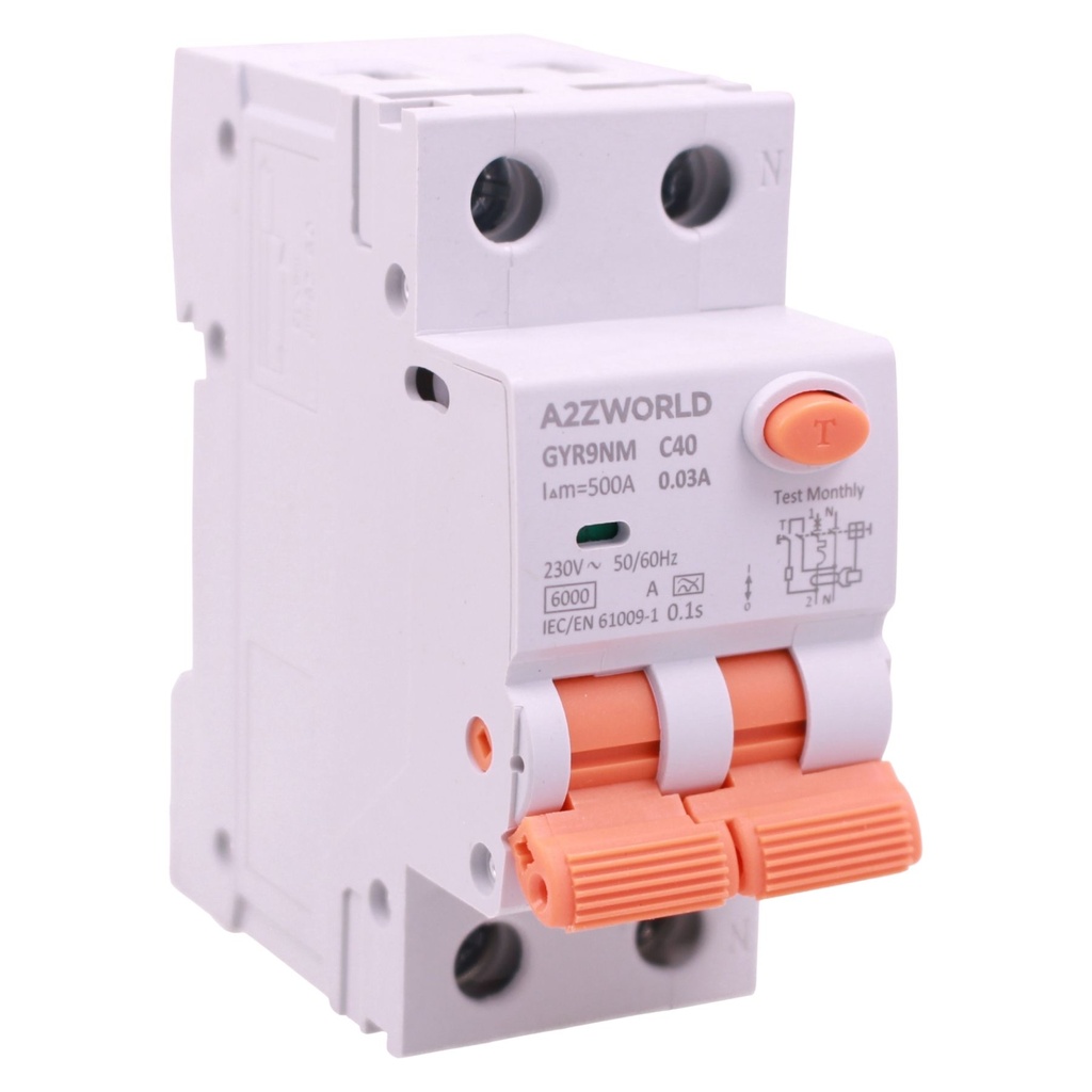 A2ZWORLD RCBO Doppia Leva, Interruttore Magnetotermico Differenziale Tipo A Curva C 1P+N 2M 6000A 30mA AC 230V IP20 IEC61009-1 GYR9NM, Disponibili 40A 50A 63A