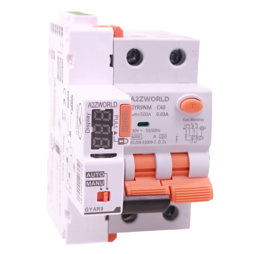 A2ZWORLD RCBO Interruttore Magnetotermico Differenziale Con Riarmo Automaico, Tipo A Curva C 1P+N 3M 6000A 30mA AC 230V IP20 IEC61009-1 GYR9NM, 3 Tentativi (10s/60s/300s), Corrente Disponibili 40A 50A 63A