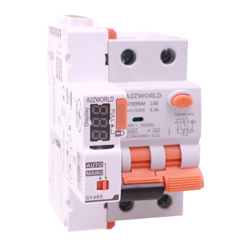 A2ZWORLD RCBO Interruttore Magnetotermico Differenziale Con Riarmo Automaico, Tipo A Curva C 1P+N 3M 6000A 300mA C40A AC 230V IP20 IEC61009-1 GYR9NM, 3 Tentativi (10s/60s/300s), Corrente Disponibili 40A 50A 63A