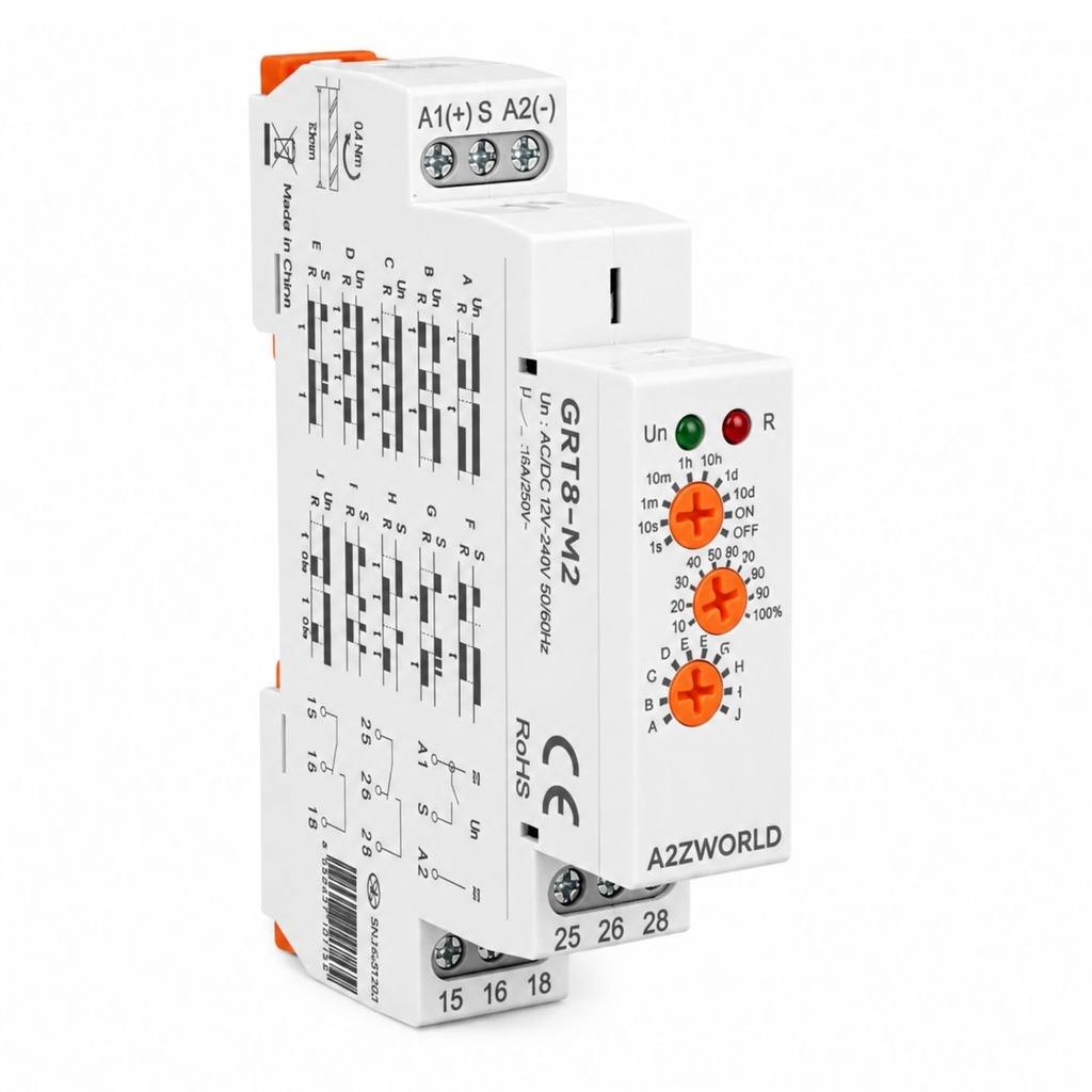[GJ21802] Relè Temporizzato Multifunzione Modulare, AC/DC 12V 24V 220V, 2 Scambi SPDT 16A, 10 Funzioni, Timer 0,1s-10 Giorni, 1 Modulo DIN, GRT8-M2-W240 