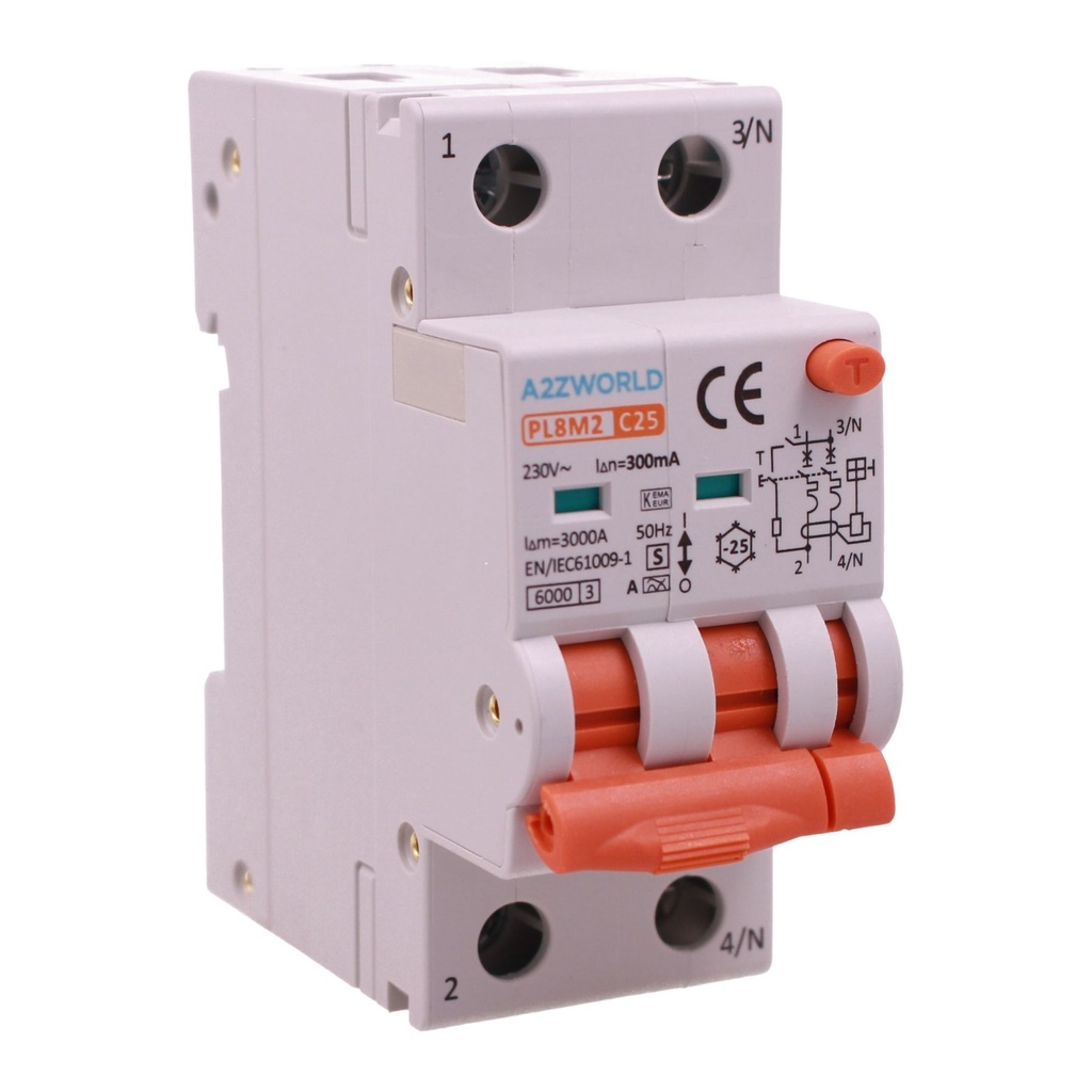 A2ZWORLD RCBO Selettivo A(S), Interruttore Magnetotermico Differenziale Tipo S Classe A Curva C 2P Veri 2M 6000A 300mA AC 230V PL8M2, Corrente Disponibili 25A 32A 40A