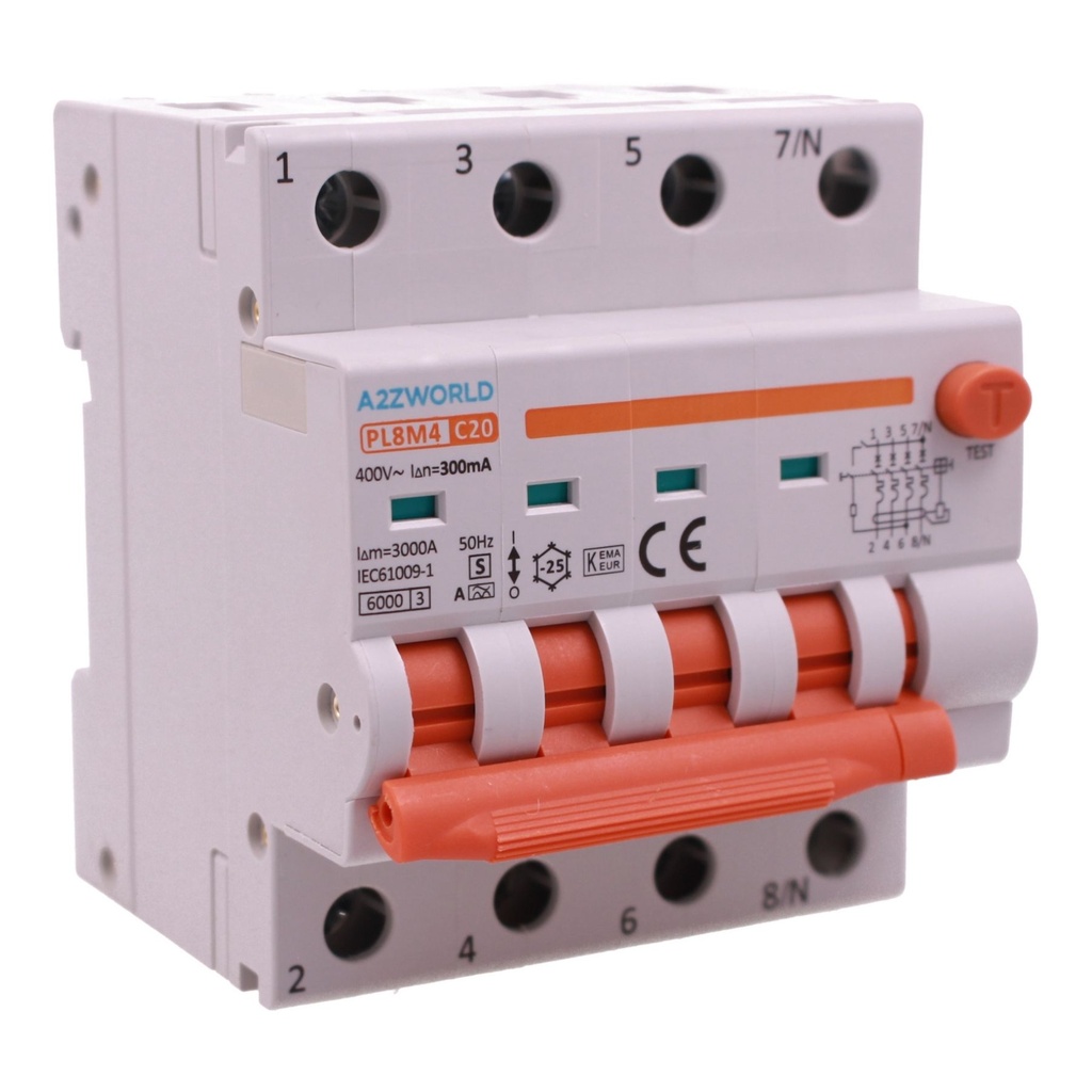 A2ZWORLD RCBO Selettivo A(S), Interruttore Magnetotermico Differenziale Tipo S Classe A Curva C 4P 4M 6000A 300mA AC 400V IP20 IEC61009-1 PL8M4, Corrente Disponibili 20A 25A 32A 40A