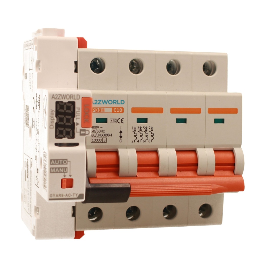 A2ZWORLD MCB Interruttore Magnetotermico Trifase Connesso WiFi Con Riarmo Automatico, 380V 10A Curva C 4P 5M 10000A C10A AC 400V PB8H, Corrente Disponibile 10A 16A 20A 25A 32A 40A 50A 63A