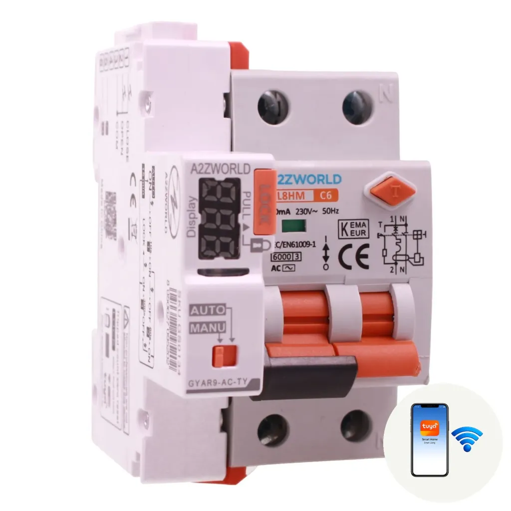 A2ZWORLD RCBO Interruttore Magnetotermico Differenziale Connesso WiFi Con Riarmo Automaico, Tipo AC Curva C 1P+N 3M 6000A 30mA C6A AC 230V IP20 IEC61009-1 PL8HM, Disponibili 6A 10A 16A 20A 25A 32A