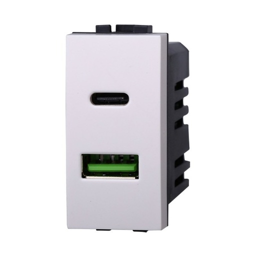 [BLB3002] ETTROIT Modulo Presa Caricatore USB 2 Porte 3,1A USB-A + USB Type C Colore BIANCO Compatibile Con Bticino Living Light