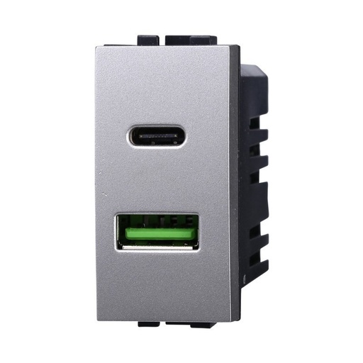[BLG3002] ETTROIT Modulo Presa Caricatore USB 2 Porte 3,1A USB-A + USB Type C Colore GRIGIO Compatibile Con Bticino Living International