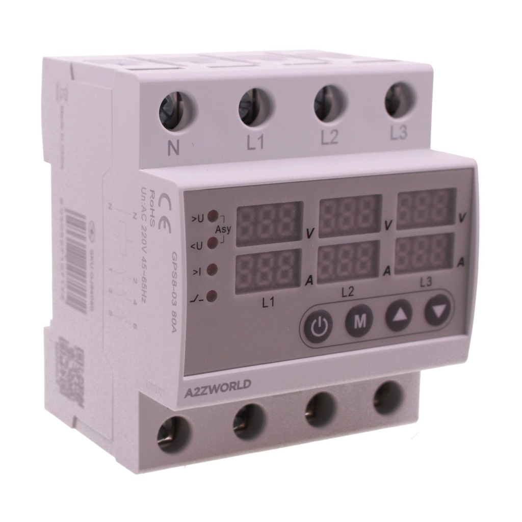 [GJ94080] Relè Monitoraggio e Protezione Tensione Corrente con Display, 4P Trifase 80A AC220V, Protezione Sovra/Sottotensione e Sovracorrente, Limitatore Da Guida DIN, Ingresso da Sotto, GPS8-03