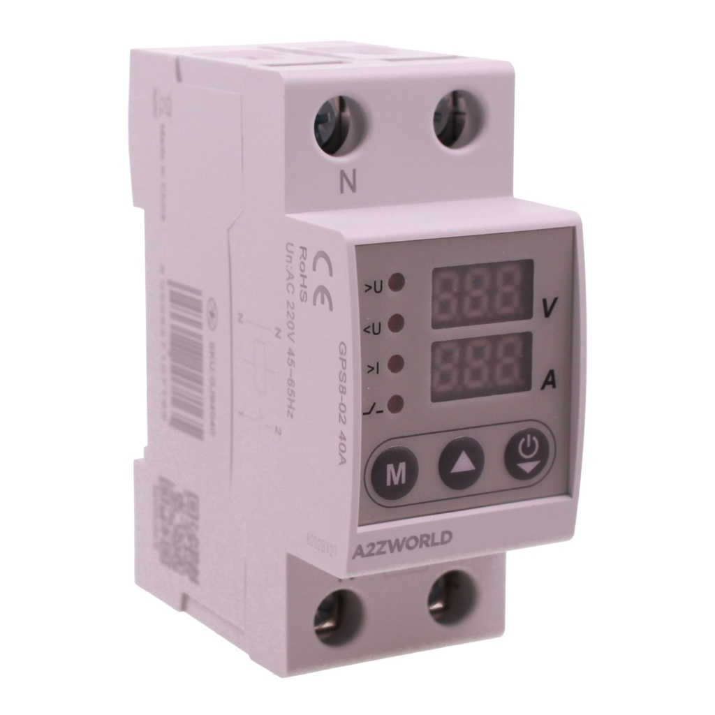 [GJ92040] Relè Monitoraggio e Protezione Tensione Corrente con Display, 2P Monofase 40A AC220V, Protezione Sovra/Sottotensione e Sovracorrente, Limitatore Da Guida DIN, Ingresso da Sotto, GPS8-02