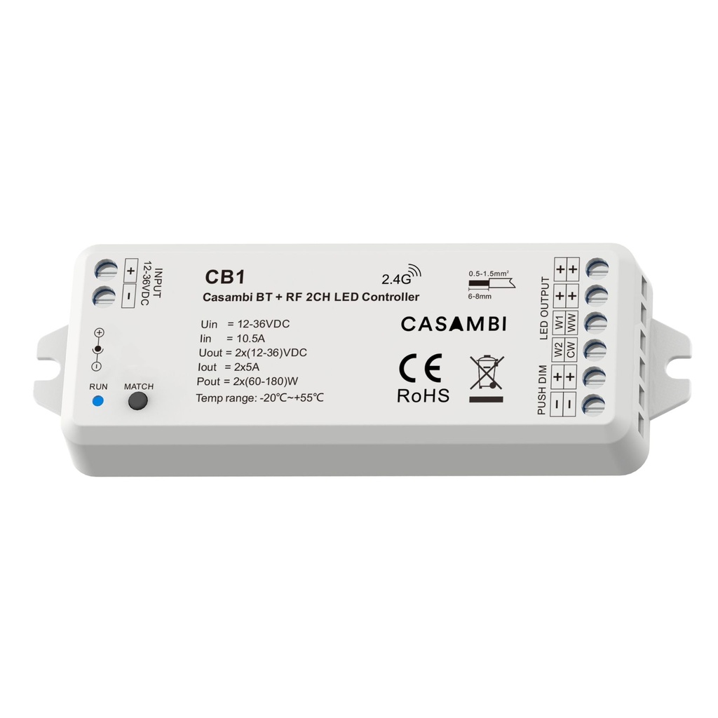 [DD0025] Led Dimmer Bluetooth APP Casambi, Pulsante NO, RF 2.4GHz, Per Striscia Led Mono Colore e CCT 12V 24V 2CHX5A, 0-100%