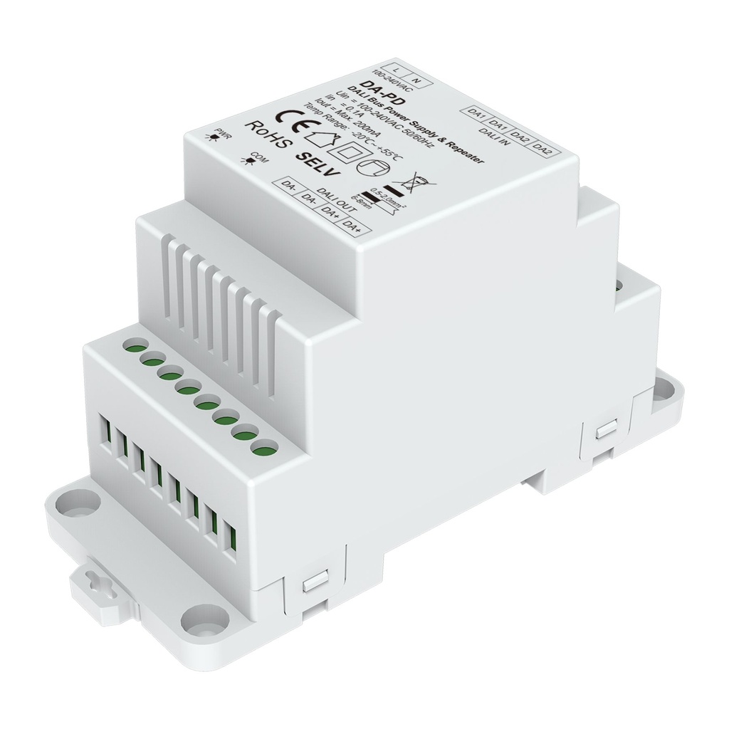 [DD7024] Alimentatore Bus DALI con Ripetitore Integrato, per Guida Barra DIN, AC220V, Uscita Max 200mA 16VDC, Estensione Linea fino a 1200 m, Protezione da Cortocircuito