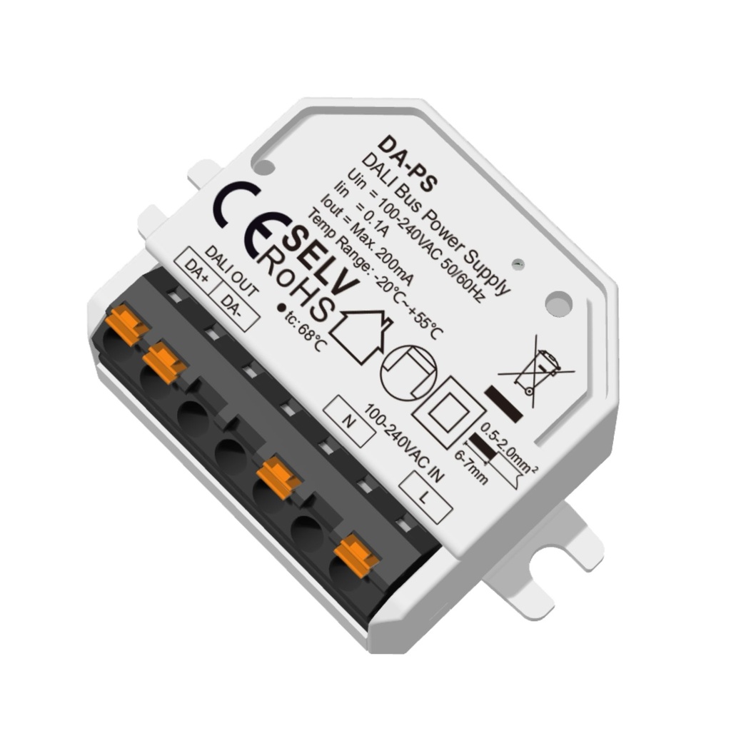 [DD7022] Mini Alimentatore Bus DALI, Input 220V, Uscita 16V DC Max 200mA, Protezione da Cortocircuito, per Master e Dispositivi di Controllo Illuminazione, 56X38X18mm Da Incasso