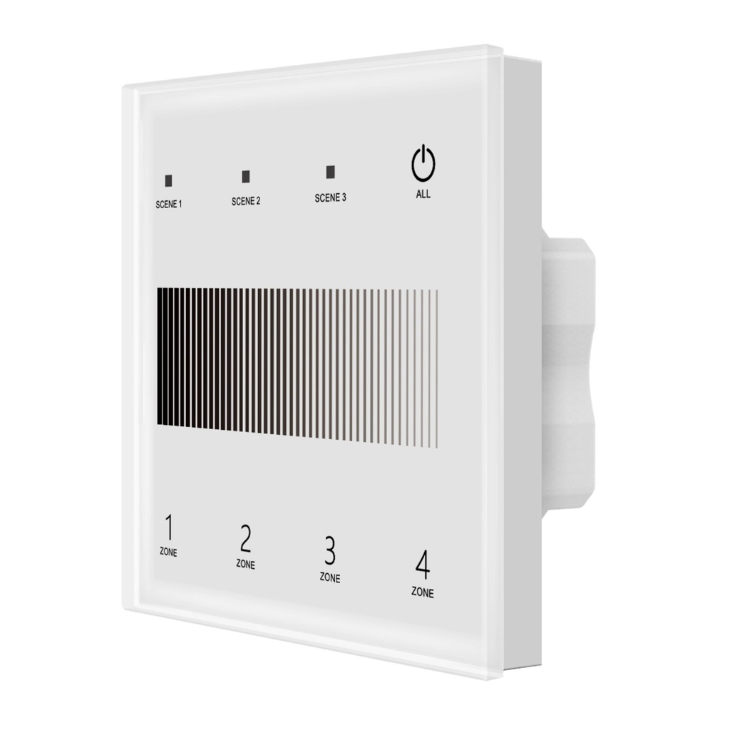 [DD7144] Pannello Touch Master DALI Bianco, Alimentatore Bus Integrato, 16VDC Max 100mA, 4 Zone 3 Scene 4 Indirizzi, Touch Slider, Per Dimmer DT6, 86X86mm Per Scatola 502