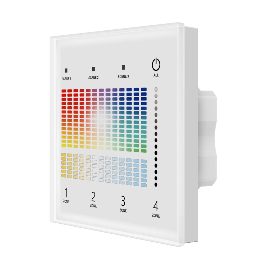 [DD7164] Pannello Touch Master DALI 5 Canali, Alimentatore Bus Integrato, 16VDC Max 100mA, 4 Zone 3 Scene 4 Indirizzi, Touch Slider, 5 In 1 Per DIM CCT RGB RGBW RGB+CCT, 86X86mm Per Scatola 502 