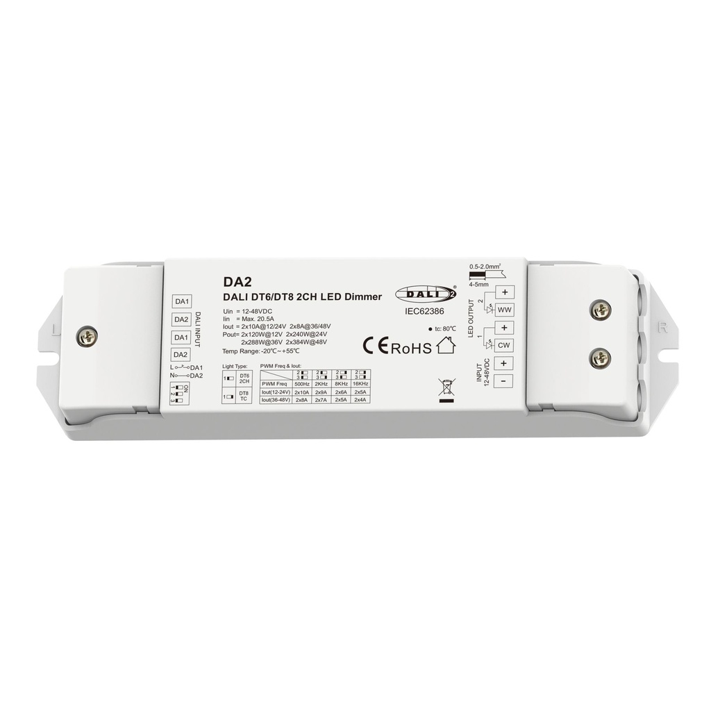 [DD7222] Dimmer DALI 2 Canali, 2X10A@12V/24V, 2X8A@36V/48V, Dimmerabile Con Pulsante NO, Push Dim, DALI-2, PWM, DT6 DT8 per Strisce LED Monocolore CCT