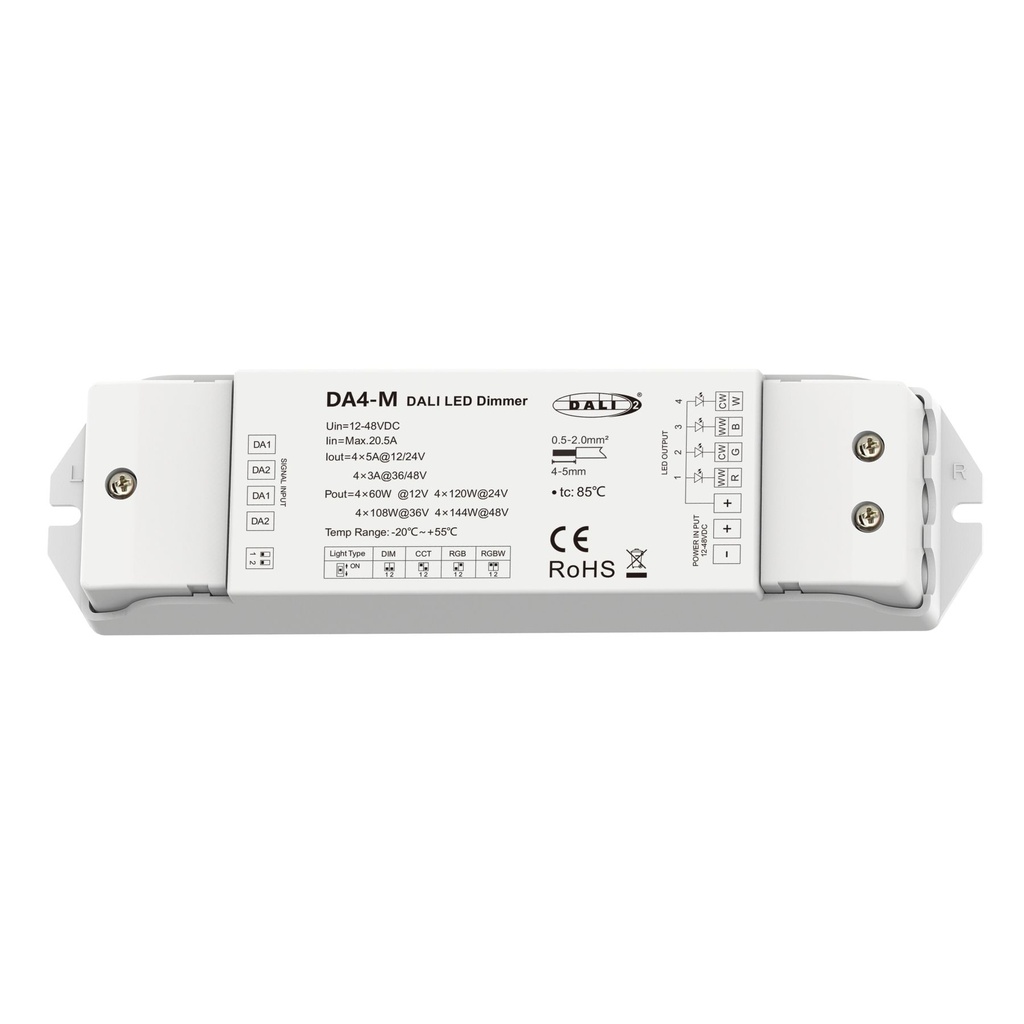 [DD7224] Dimmer DALI 4 Canali, 4X5A@12V/24V, 4X3A@36V/48V, Dimmerabile Con Pulsante NO, Push Dim, DALI-2, PWM, 1 Indirizzo, DT6 DT8 per Strisce LED Monocolore CCT RGB RGBW 