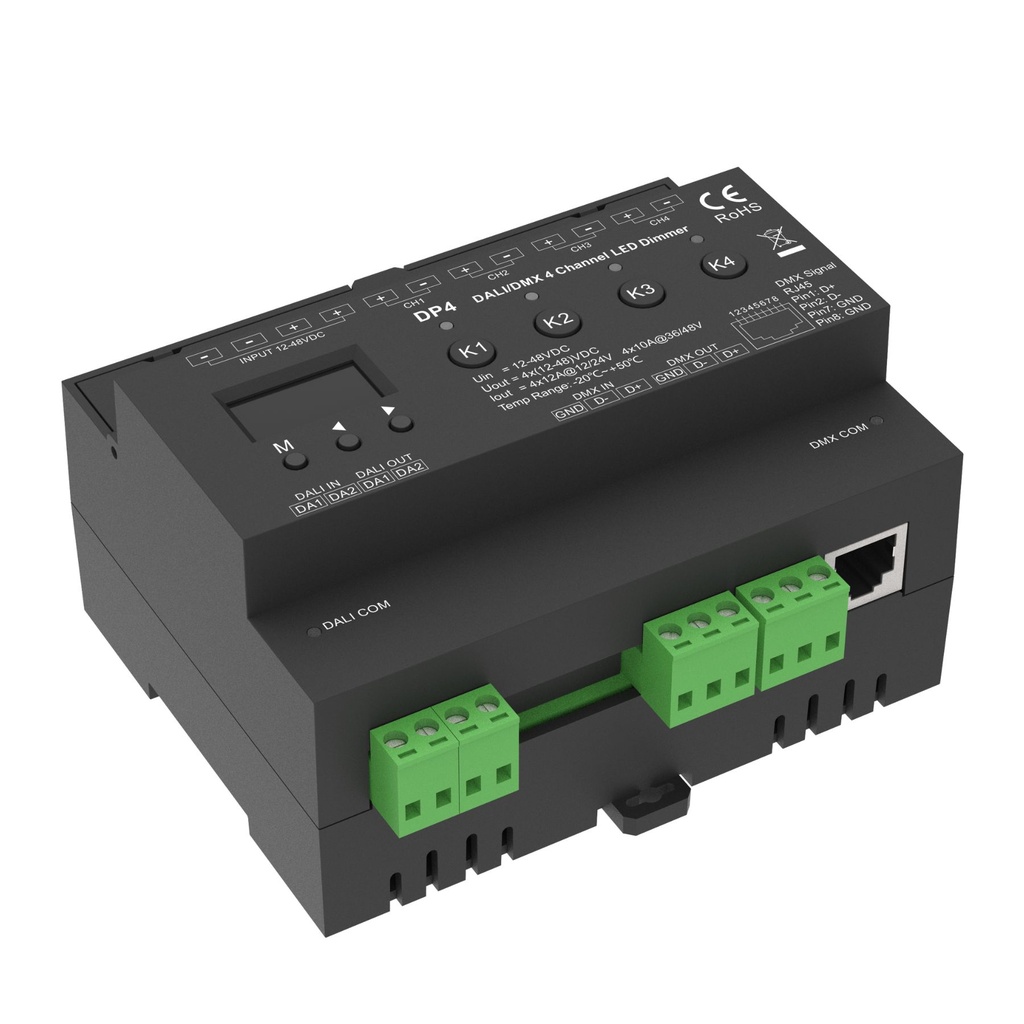 [DD7228] Dimmer DALI DMX Professionale, 4 Canali Guida DIN, OLED Display, 4X12A@12V/24V, 4X10A@36V/48V, DALI-2, DMX512, PWM, 4 Indirizzi, DT6 DT8 per Strisce LED Monocolore CCT RGB RGBW