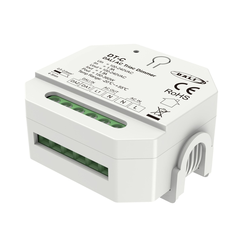 [DD7231] Mini Dimmer DALI TRIAC per Lampade LED Dimmerabili 220V, Taglio di Fase, Pulsante NO, DALI-2, 1 Canale 1,5A Max 360W, 56X56X37mm Per Scatola Incasso