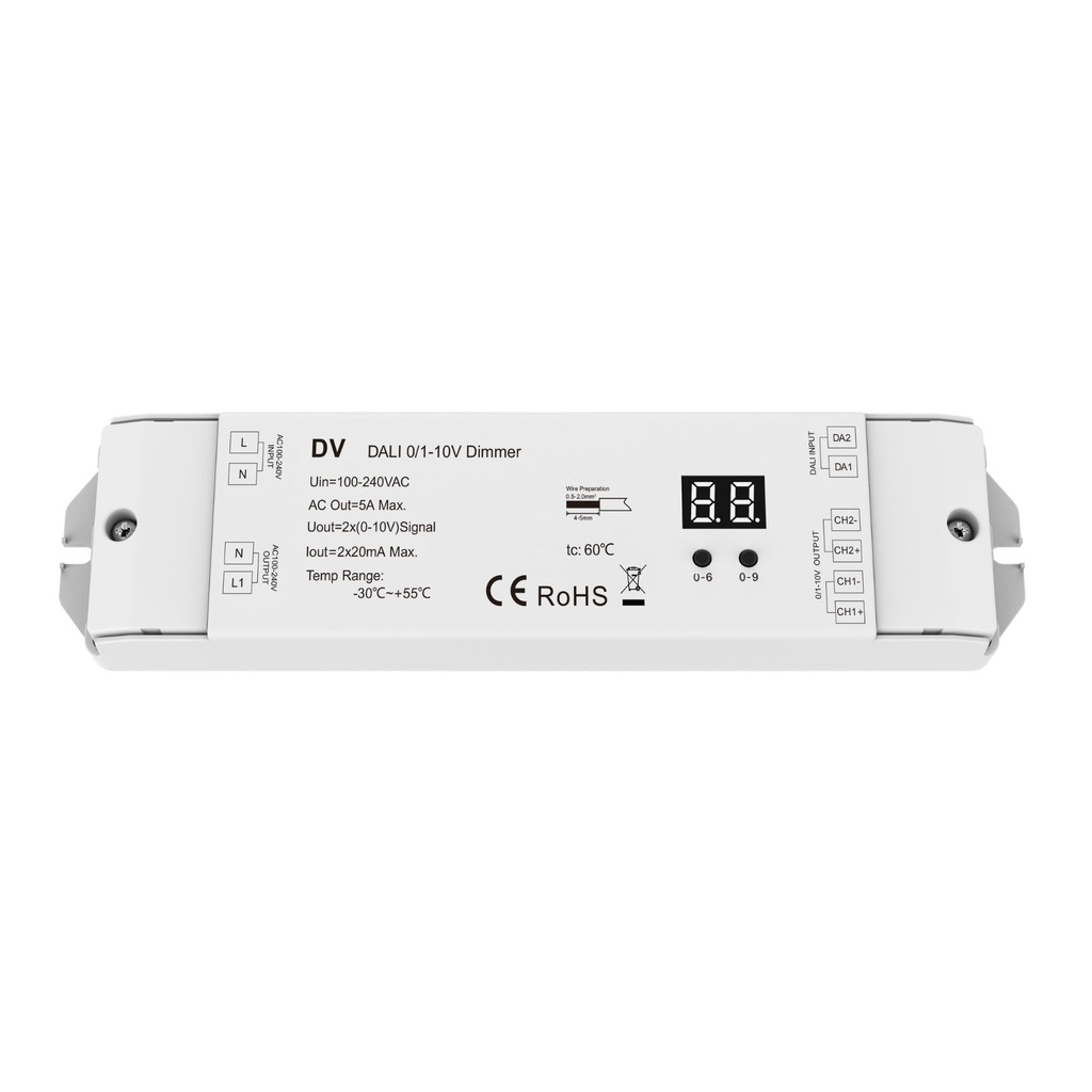 [DD7234] Convertitore DALI a 0-10V 1-10V, 2 Canali con Relè AC Integrato, Display Digitale, Input AC 220V, per Driver 0/1-10V e Luci LED Monocolore