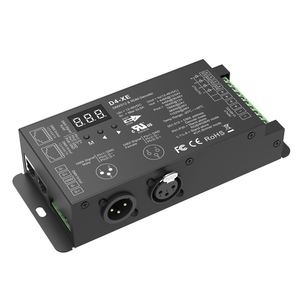 [DD5442] Decoder DMX512 RDM 4 Canali a Tensione Costante, 12V 24V 36V 48V, 4x8A, XLR3 RJ45 e Morsetti DMX, PWM 250-32000Hz, per Strisce LED Monocolore CCT RGB RGBW, D4-XE
