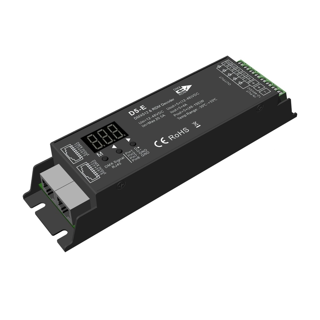 [DD5451] Decoder DMX512 RDM 5 Canali a Tensione Costante, Con Porta RJ45, 12V 24V 36V 48V, 5X4A, PWM 250-32000Hz, per Strisce LED Monocolore CCT RGB RGBW RGB+CCT, D5-E