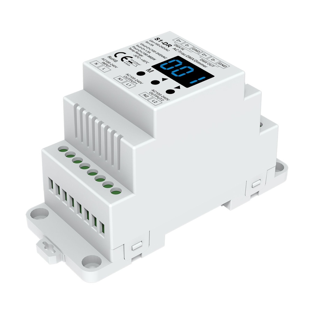 [DD5572] Dimmer DMX512 Triac 2 Canali per Lampade LED Dimmerabili 220V Taglio di Fase, Driver Triac, Alogene e Incandescenza, 1,5A/CH, RDM, Guida DIN, S1-DR