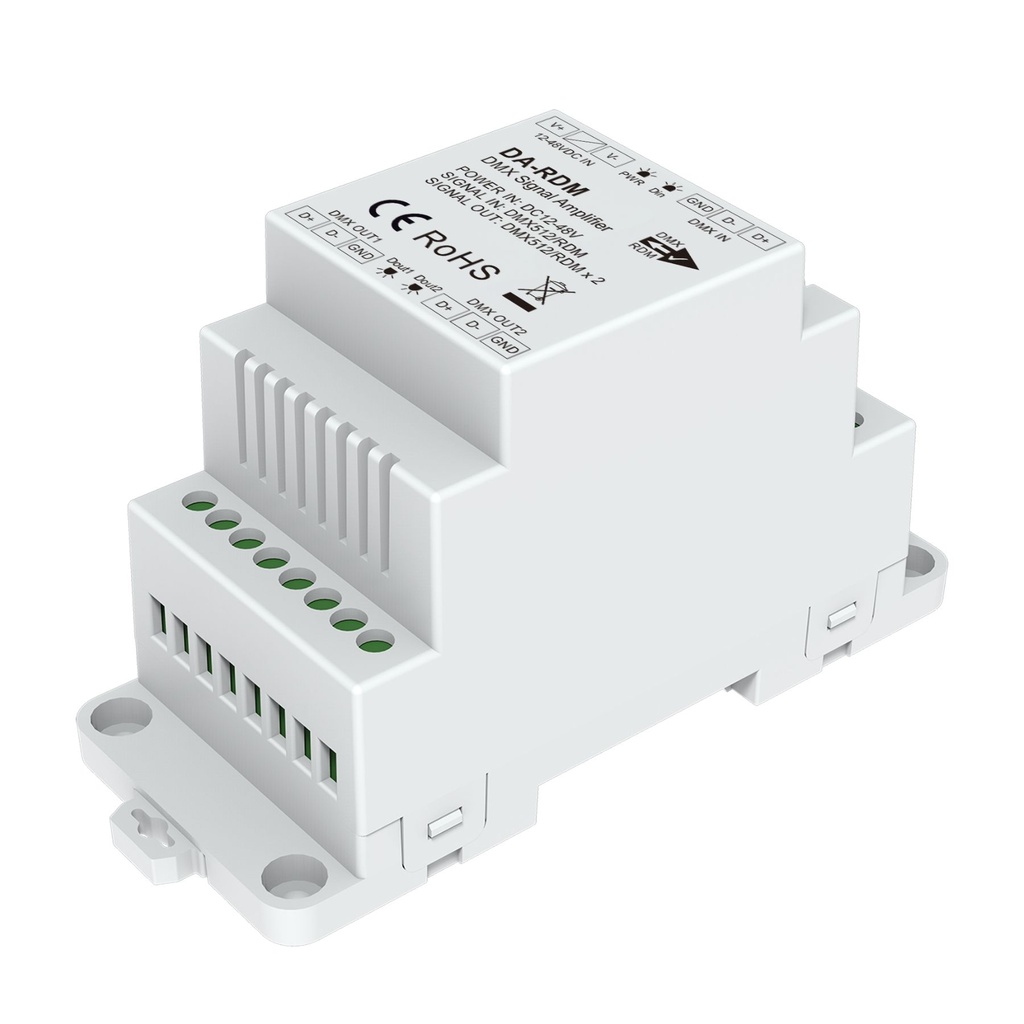 [DD5602] Amplificatore Segnale DMX512 RDM, 1 Ingresso 2 Uscite, Isolamento Ottico, Alimentazione 12-48V DC, Ripetitore e Distributore Segnale DMX, Guida DIN, DA-RDM 