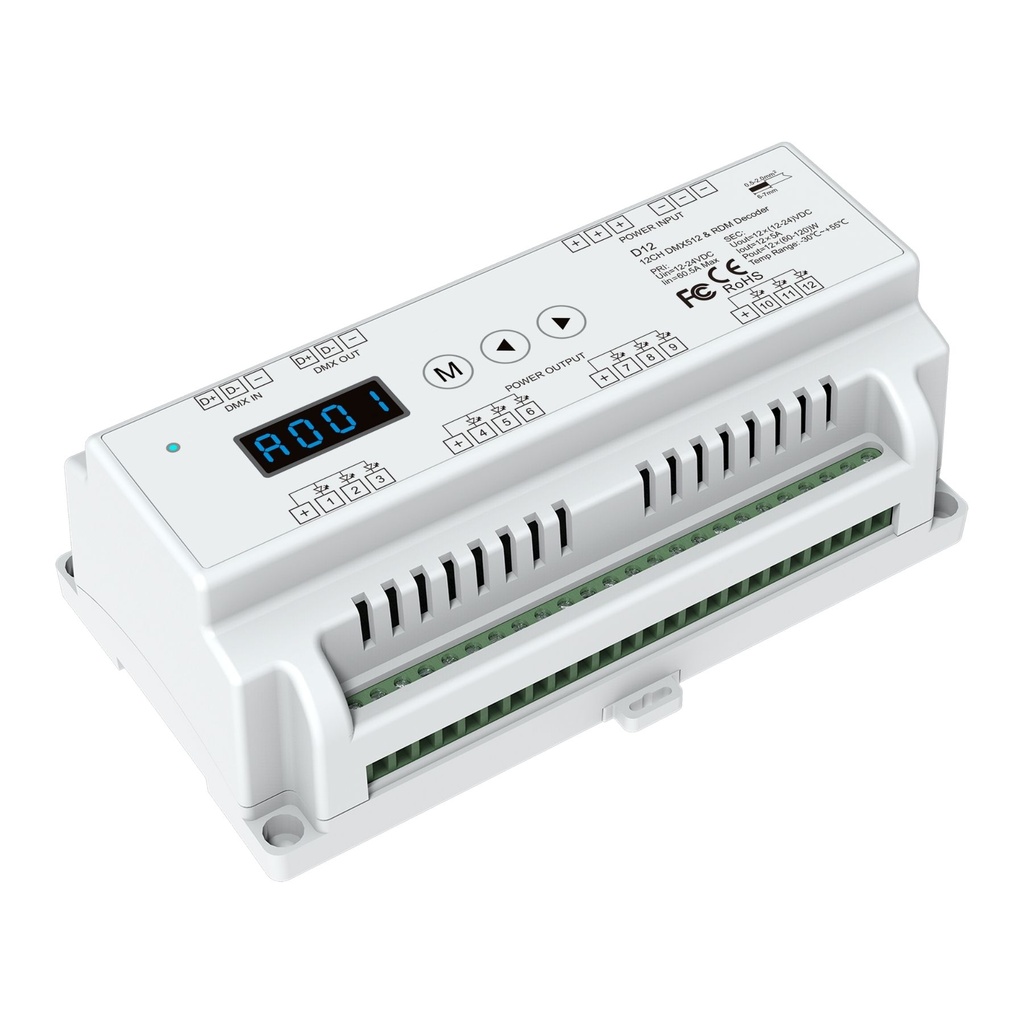 [DD5412] Decoder DMX512 RDM 12 Canali RGB a Tensione Costante, 12-24V DC, 5A per Canale, Totale 60A, PWM 500-32000Hz, Guida DIN, per Strisce LED RGB