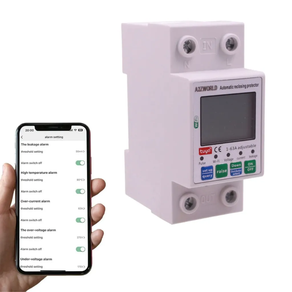 [GS12063] Relè di Protezione Tensione e Corrente WiFi, 220V 63A con Riarmo Automatico, Misuratore Energia kWh, Sovratensione Sottotensione Sovracorrente e Dispersione, App Smart Life Tuya, Guida DIN 2 Moduli
