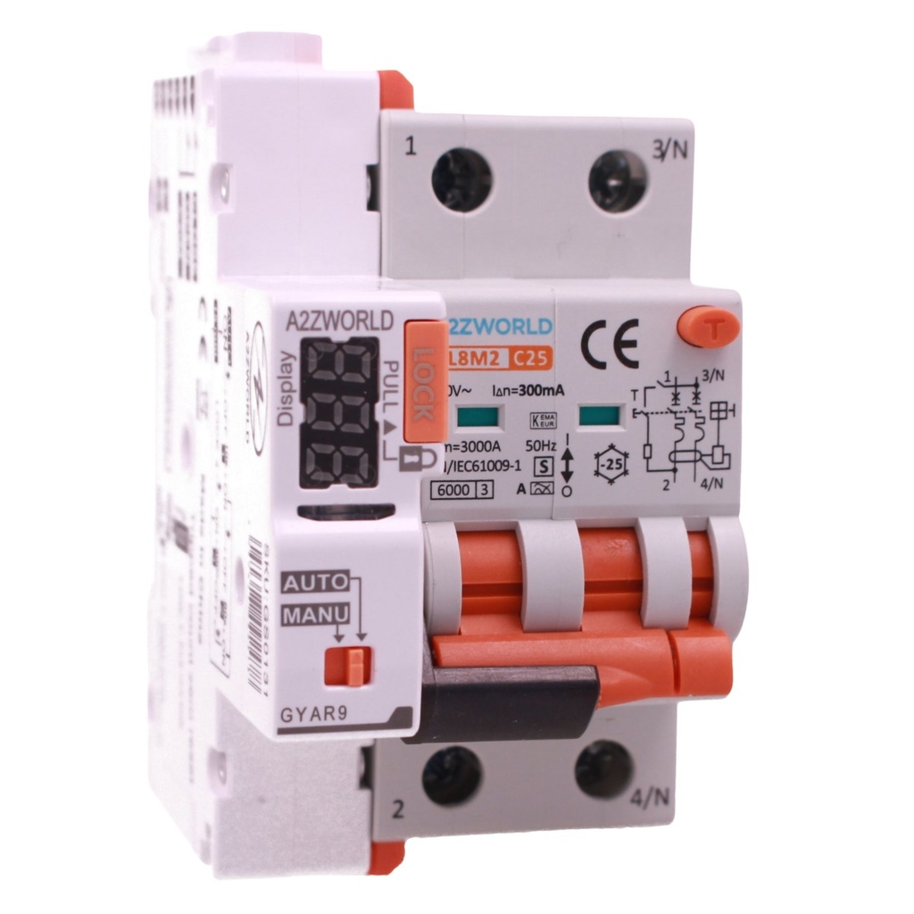 A2ZWORLD RCBO Selettivo A(S) Con Riarmo Automatico, Interruttore Magnetotermico Differenziale Tipo S Classe A Curva C 2P Veri 2M 6000A 300mA AC 230V PL8M2, Corrente Disponibili 25A 32A 40A
