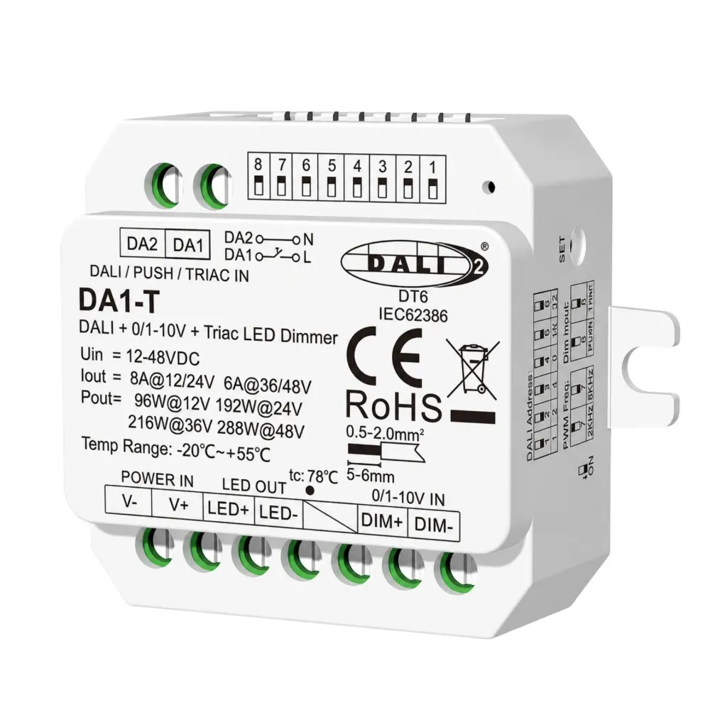 [DD7214] Led Dimmer DALI AC Push Triac 0/1-10V, Pulsante NO, 12V 24V 36V 48V 8A, 1 Canale Tensione Costante, per Strisce LED Monocolore