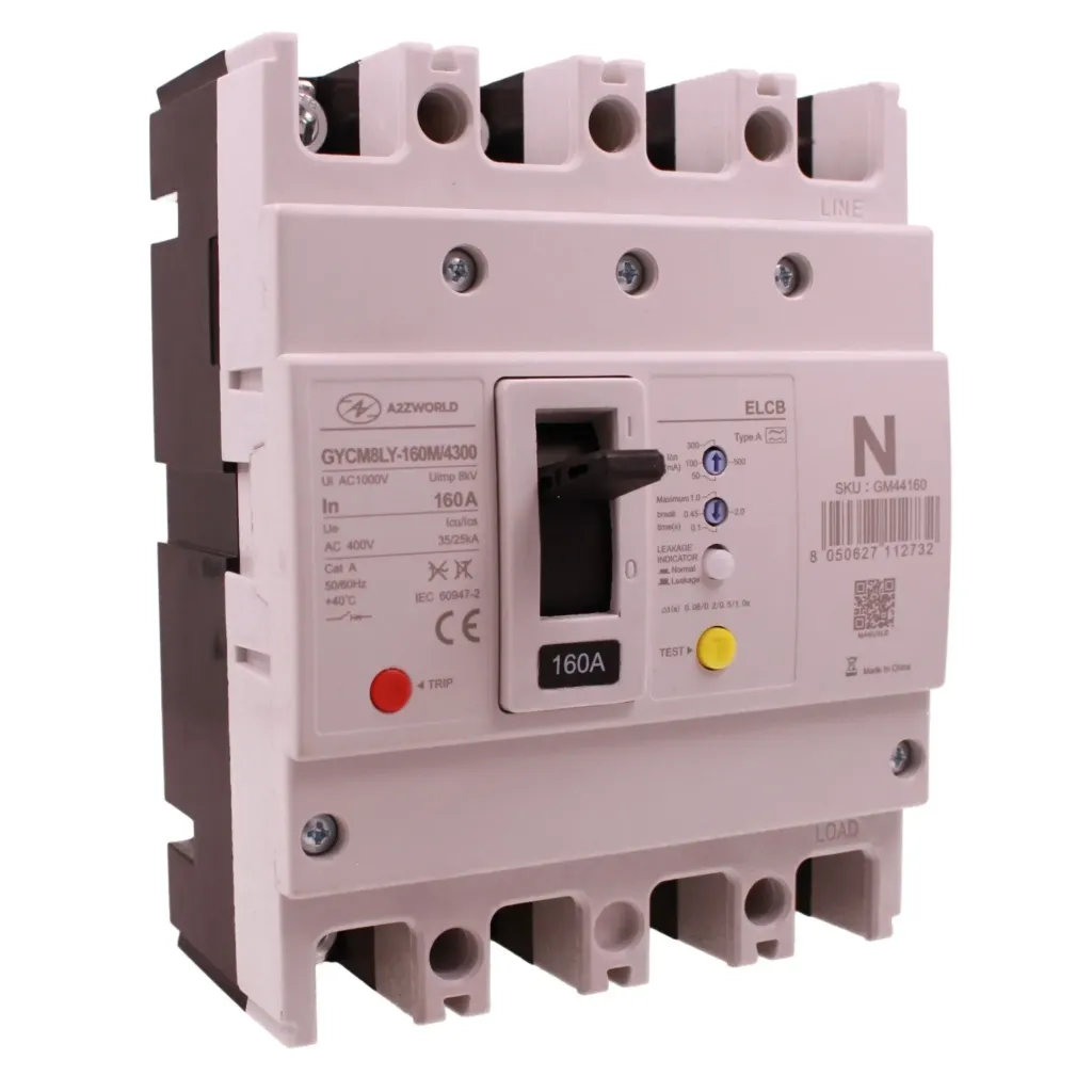 [GM44160] Interruttore Scatolato Con Differenziale Tipo A, 3P+N 160A Icu 35kA Ics 25kA AC 400V, Idn Regolabile 50 100 300 500mA, Ritardo di Intervento Regolabile 0.1-2S,Ui 1000V Uimp 8kV, MCCB+ELCB