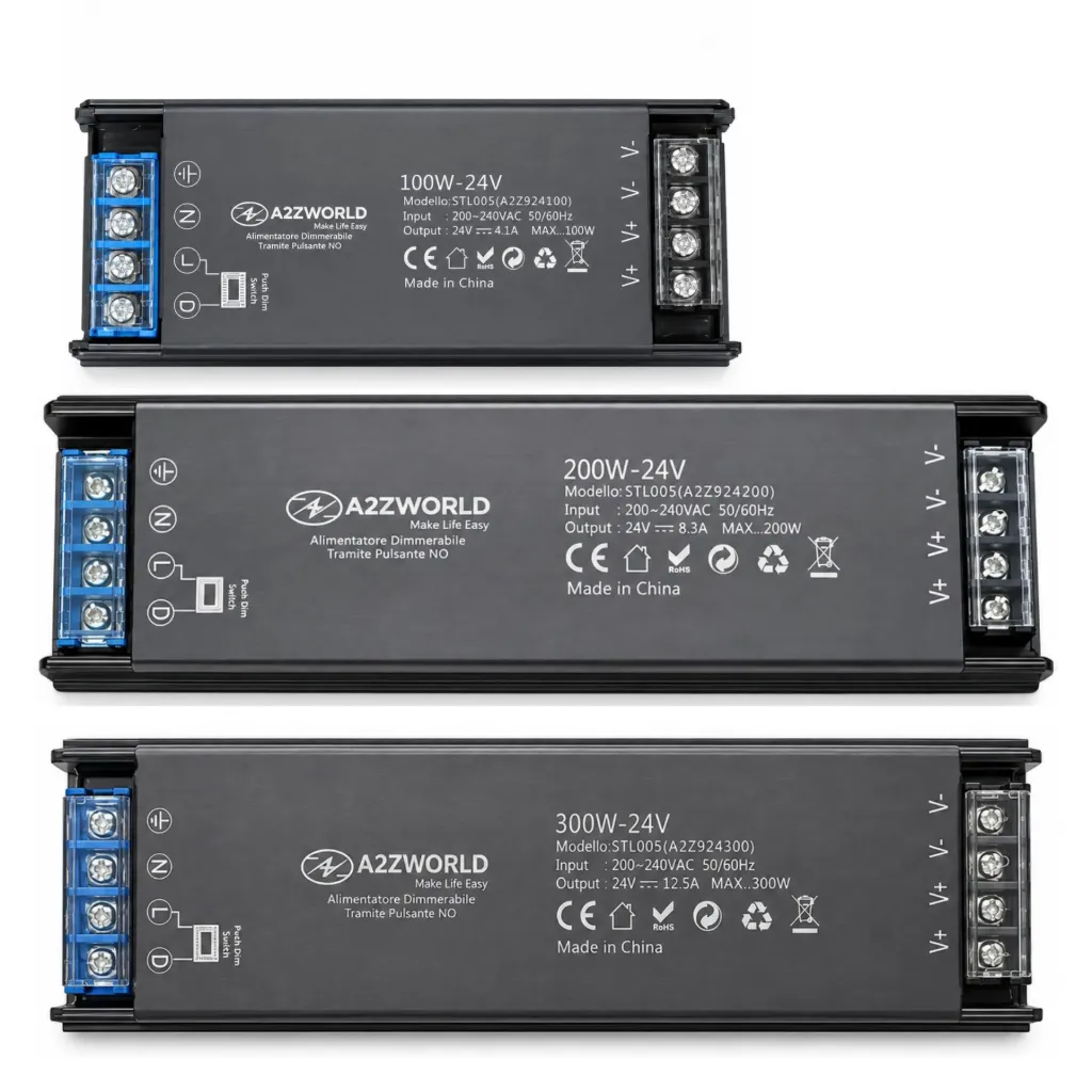 Alimentatore 24V Push Dimmer Integrato, Dimmerabile con Pulsante NO (10-100%), Memoria dopo Blackout, Sincronizzabile, Accensione Soft, 2 Uscite, IP20, Disponibili 100W 200W 300W