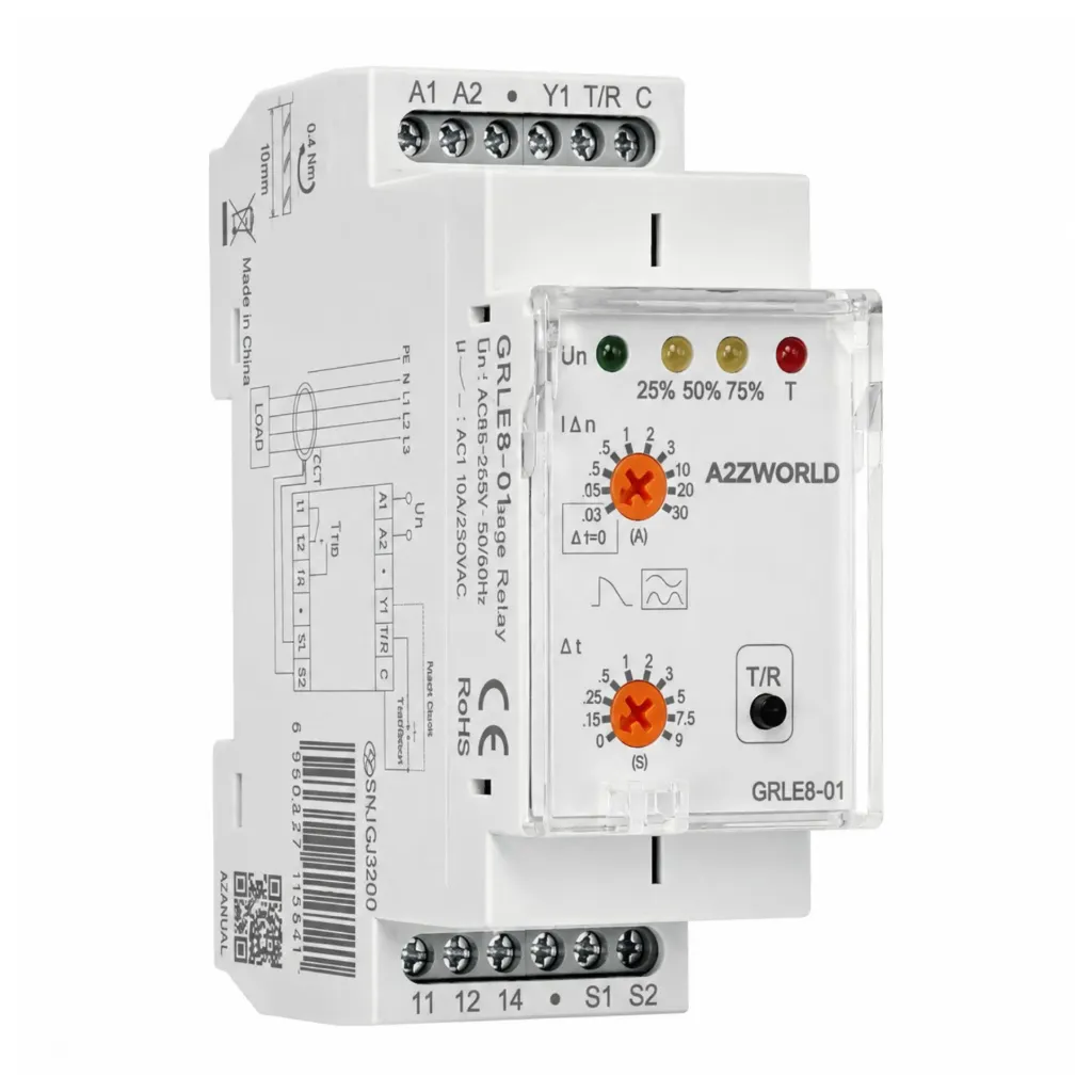 [GJ32000] Relè Differenziale Con Toroide Separato, Tipo A Dispersione Regolabile 30mA-30A 220V, Ritardo Regolabile 0-9S, 2 Moduli DIN, Vero RMS