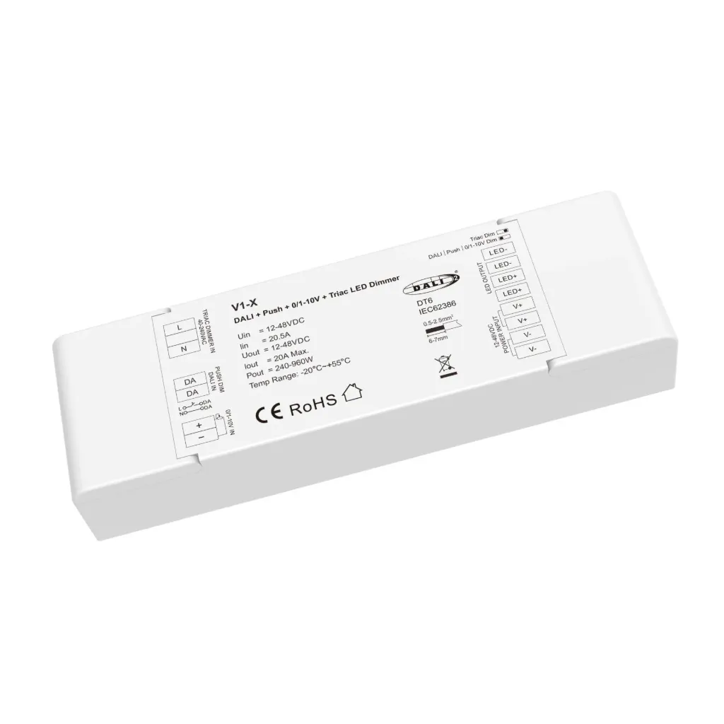 [DD7216] Led Dimmer DALI-2 AC Push Triac 0/1-10V, Pulsante NO, 12V 24V 36V 48V 20A, 1 Canale Tensione Costante, per Strisce LED Monocolore, V1-X